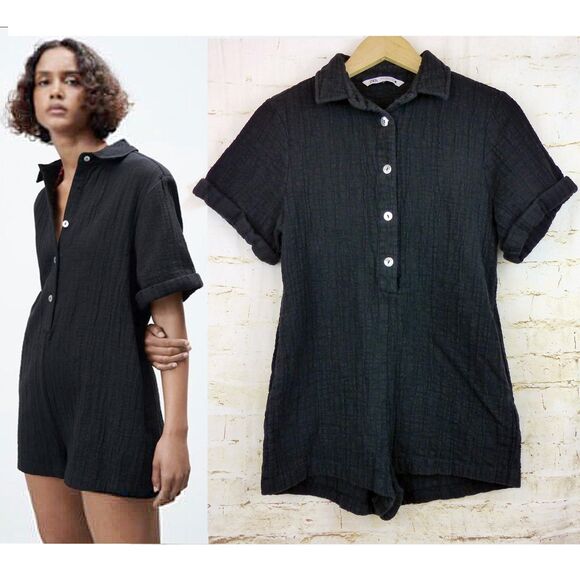 ZARA Romper Women XS Black Textured Crinkle Gauze Cotton Collared Button Up - Picture 1 of 12